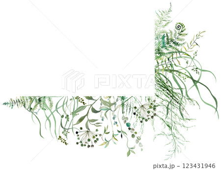 Border with Watercolor fern twigs with green leaves isolated illustration, botanical wedding Border with Watercolor fern twigs with green leaves isolated illustration, botanical wedding 123431946