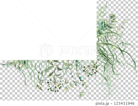 Border with Watercolor fern twigs with green leaves isolated illustration, botanical wedding Border with Watercolor fern twigs with green leaves isolated illustration, botanical wedding 123431946