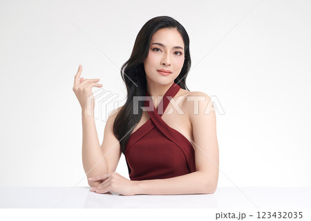 Beautiful young asian woman with clean fresh skin on white background, Face care, Facial treatment, Cosmetology, beauty and spa, Asian women portrait. Beautiful young asian woman with clean fresh skin on white background, Face care, Facial treatment, Cosmetology, beauty and spa, Asian women portrait. 123432035
