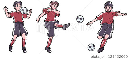 サッカーをする男の子のイラストセット サッカーをする男の子のイラストセット 123432060