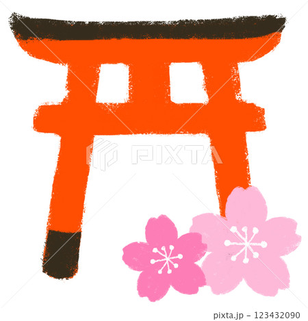 シンプルイラスト　クレヨンタッチ　鳥居と桜 123432090