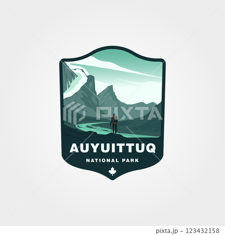 Auyuittuq National Park vintage travel logo patch design, valley outdoor view logo. 123432158