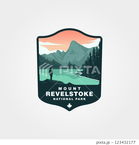 Mount Revelstoke National Park vintage logo vector illustration design, man looking at the mountain view logo design 123432177