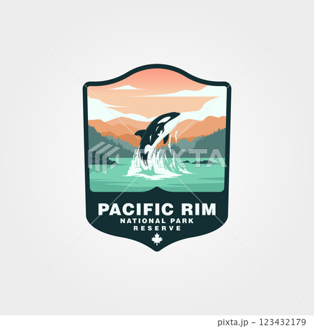 view of an orca whale jumping on pacific rim national park vector logo design 123432179