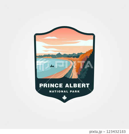 prince albert canada national park vintage logo design, a person is riding a canoe in the sea poster 123432183