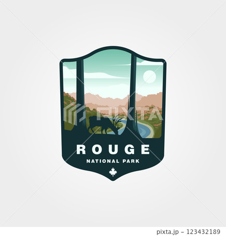 rouge national urban park outdoor logo vintage illustration design with antlers and forest view 123432189