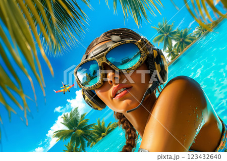 A woman wearing a pair of goggles and headphones in a pool 123432640