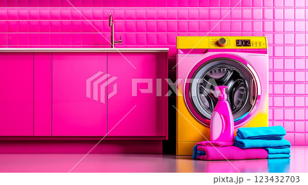 A pink laundry room with a washer and a pink sink 123432703