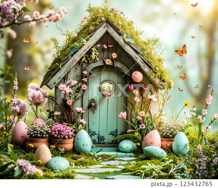 A fairy house surrounded by flowers and butterflies 123432765