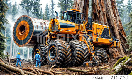 A large yellow bulldozer in the middle of a forest 123432766