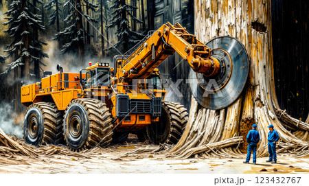 A large yellow bulldozer in the middle of a forest with two men standing next to it 123432767