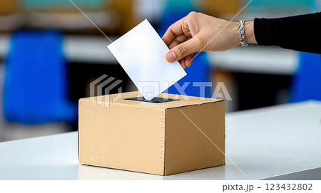 A person putting a voting card into a ballot box 123432802