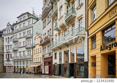 Karlovy Vary Karlsbad old historic spa town with hot springs in Bohemia Czech Republic Karlovy Vary Karlsbad old historic spa town with hot springs in Bohemia Czech Republic 123432980