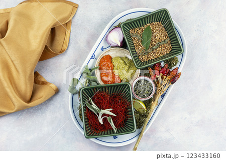 Bowls with various spices. Bowls with various spices. 123433160