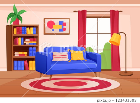 Home interior. Cozy living room decor. Sofa and carpet. Apartment furniture. Comfortable couch. Books cabinet. Picture on wall. Window curtain. Floor carpet. Lamp light. Vector empty flat living room Home interior. Cozy living room decor. Sofa and carpet. Apartment furniture. Comfortable couch. Books cabinet. Picture on wall. Window curtain. Floor carpet. Lamp light. Vector empty flat living room 123433305