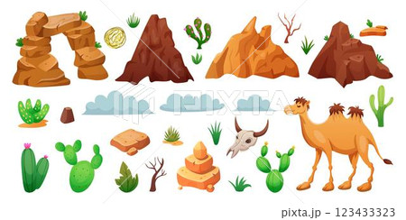 Desert cartoon landscape. Dry land. Bare tree in sand. Cactus and tumbleweed. Sandstone mountain. Stone rock. Sahara plant. Sky in hot Mexican west. Summer scenery. Vector wilderness element tidy set Desert cartoon landscape. Dry land. Bare tree in sand. Cactus and tumbleweed. Sandstone mountain. Stone rock. Sahara plant. Sky in hot Mexican west. Summer scenery. Vector wilderness element tidy set 123433323