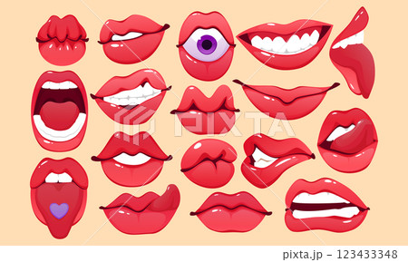 Mouth gesture. Cartoon expression. Lip smile and angry, tongue out, red lipstick and white teeth, woman face. Isolated comic girl elements set, human caricatures. Icons for design person. Vector set Mouth gesture. Cartoon expression. Lip smile and angry, tongue out, red lipstick and white teeth, woman face. Isolated comic girl elements set, human caricatures. Icons for design person. Vector set 123433348