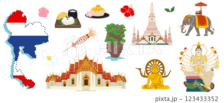 Thailand symbol. Thai travel. Icon sights of Bangkok. Temple building. Country map with flag. Traditional food. Elephant and flower. Emblem of Buddha culture. Summer tour. Vector journey elements set 123433352