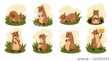 Cartoon groundhog. Marmot day. Spring joyful gopher. Underground beaver. Funny graphic hole. Cute animal sleeping at meadow. Ferret den. Happy rodent character poses. Vector hamster tidy mascots set Cartoon groundhog. Marmot day. Spring joyful gopher. Underground beaver. Funny graphic hole. Cute animal sleeping at meadow. Ferret den. Happy rodent character poses. Vector hamster tidy mascots set 123433354