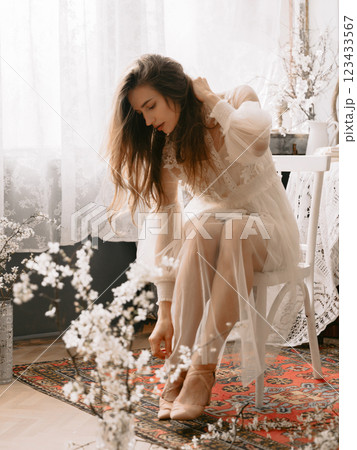 Portrait of woman vintage pastel dress. Spring or summer fashion concept 123433567