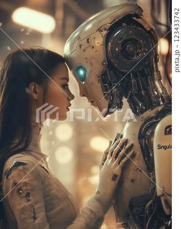 人間の女性と人型ロボットの感情的な対話シーン 人間の女性と人型ロボットの感情的な対話シーン 123433742