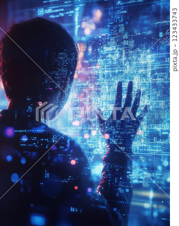 デジタル世界に触れるシルエットの人物と未来技術 デジタル世界に触れるシルエットの人物と未来技術 123433743
