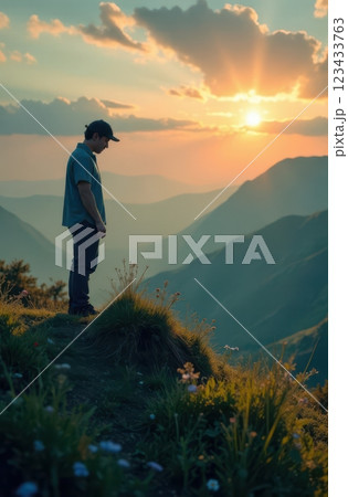 Hiker contemplating majestic mountain view at sunset 123433763