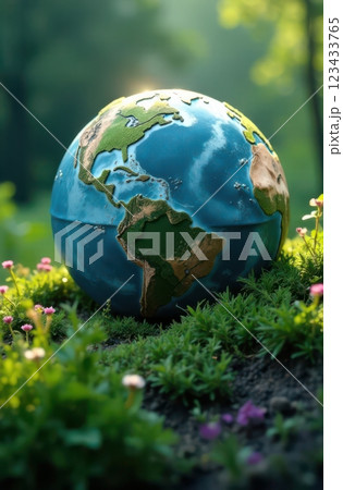 Planet earth resting on lush green grass in a peaceful forest setting 123433765