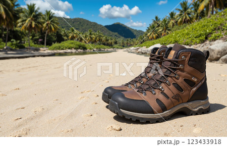 Island Adventure Footwear A pair of rugged, durable hiking boots and a backpack placed on the sand, with a jungle path and distant 123433918
