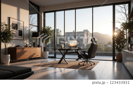 Spacious home office with a glass desk, ergonomic chair, and simple modern decor. Task lighting illuminates the desk area, while ambient lighting fills 123433931