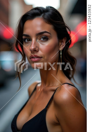 Fashion model posing in urban backdrop, embracing city chic style 123433932