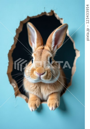 Cute red bunny emerging from a hole in a blue wall Cute red bunny emerging from a hole in a blue wall 123433954