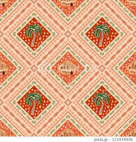 Summer geometric tropical seamless pattern with palm tree, beach house, ceramic tile. Vector cute patchwork print 123434036