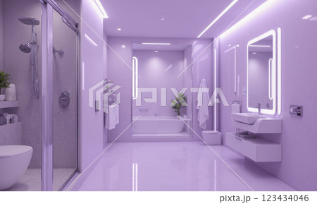 Futuristic bathroom in luminous lavender, featuring AI-powered water-saving systems that adjust flow based on usage and optimize energy consumption. 123434046