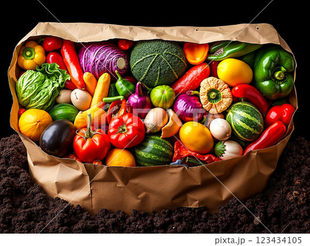 A paper bag full of fresh vegetables sitting in the dirt 123434105