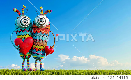 A couple of colorful monsters holding a red heart in a grassy field 123434116