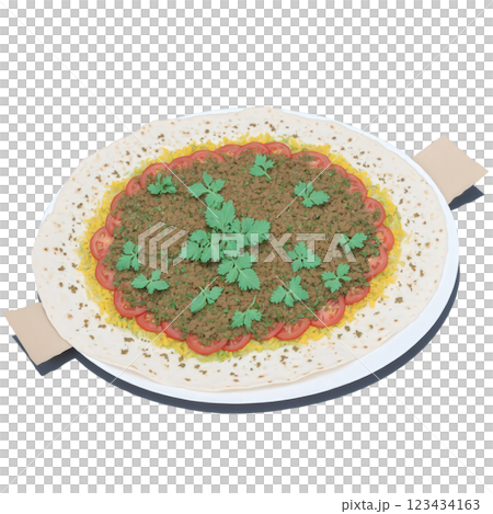 Lahmacun - A thin, crispy flatbread topped with minced meat (usually lamb or beef), onions, tomatoes, herbs, and spices. It's 123434163