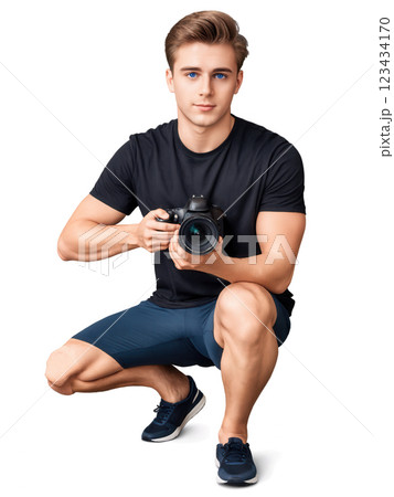 Photographer, male, Caucasian, 27 years old, with medium-length brown hair and blue eyes, wearing a black t-shirt, holding a DSLR 123434170