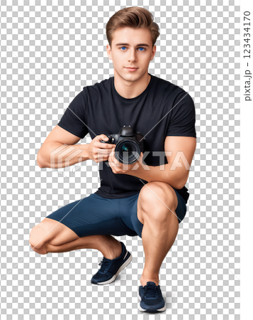 Photographer, male, Caucasian, 27 years old, with medium-length brown hair and blue eyes, wearing a black t-shirt, holding a DSLR 123434170