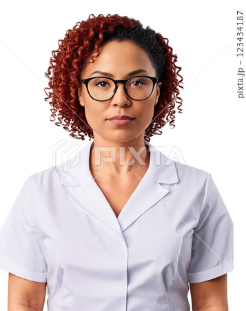mixed ethnicity woman aged 30-40 years old, wearing medical uniform, looking focused with glasses, with curly hair and red hair. 123434187