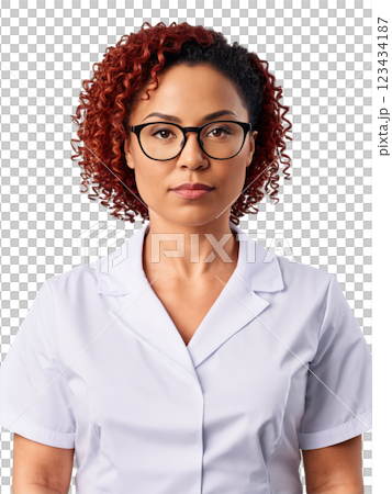 mixed ethnicity woman aged 30-40 years old, wearing medical uniform, looking focused with glasses, with curly hair and red hair. 123434187