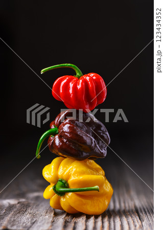 Tower from multicolored habanero peppers 123434352