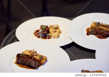 This gourmet dish showcases braised meat and a delightful side, highlighting culinary art 123434418