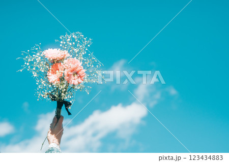 青空の中、ピンクのガーベラとかすみ草の花束を持つ手元 青空の中、ピンクのガーベラとかすみ草の花束を持つ手元 123434883
