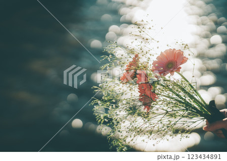 キラキラした水面とピンクの花束　手元　シネマティック　フィルム風 123434891