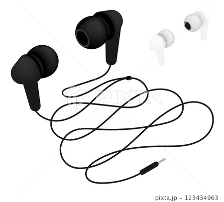 Isometric compact wired earphones with wire and volume control. Gadget accessories for music listening and casual communication. Realistic 3D vector isolated on white background 123434963