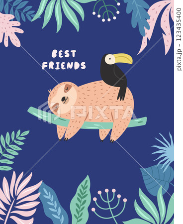 Vector illustration of cute sloth character in a rainforest. Vector illustration of cute sloth character in a rainforest. 123435400