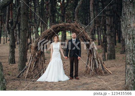 walk of the bride and groom through the autumn forest walk of the bride and groom through the autumn forest 123435566