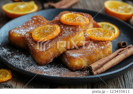 Homemade spanish torrijas with orange and cinnamon on wooden table for Easter week Homemade spanish torrijas with orange and cinnamon on wooden table for Easter week 123435611