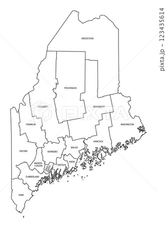 State of Maine subdivided into 16 counties, outline map. State in the New England region of the United States, nicknamed The Pine Tree State, and Vacationland. Map with boundaries and county names. 123435614